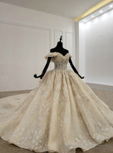 Champagne Ball Gown Tulle Sequins Appliques Beading Off the Shoulder Wedding Dress